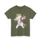 Pink Ribbon Unicorn Awareness Unicorn T-Shirt - Military Green