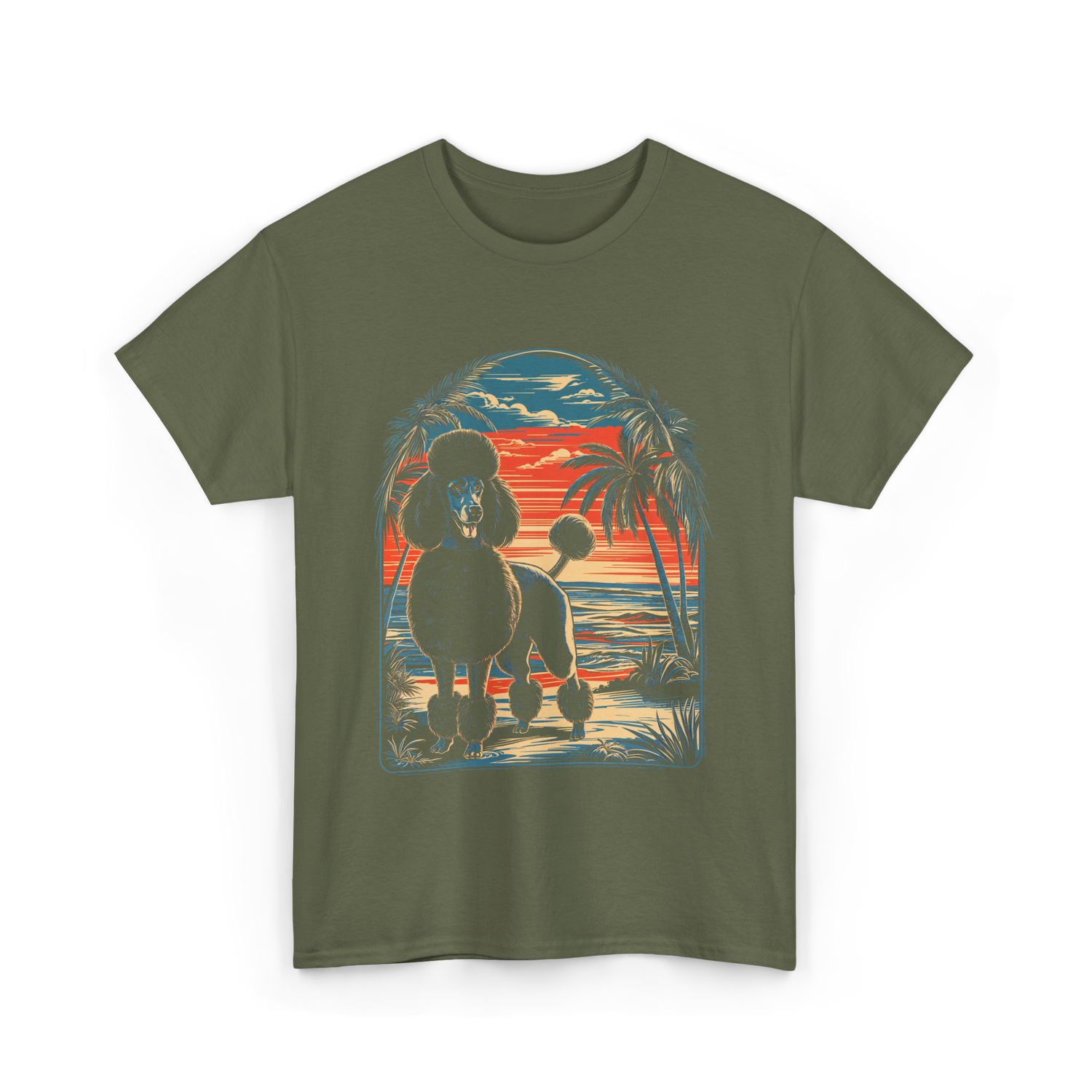 Poodle Sunset Vintage Dog T-Shirt - Military Green