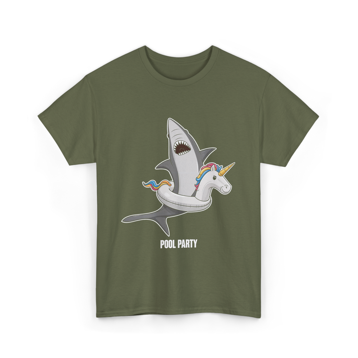 Pool Party Shark Unicorn T-Shirt - Military Green