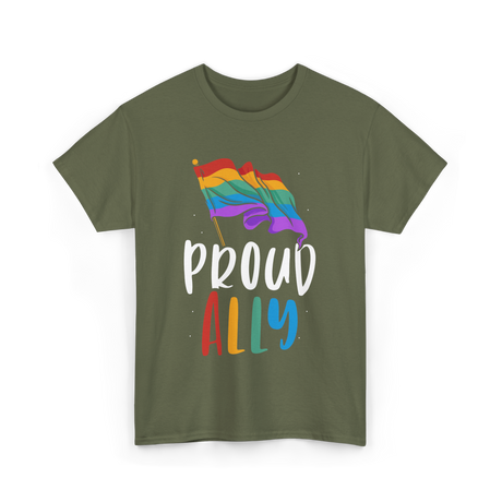 Proud Ally LGBTQ Rainbow Flag T-Shirt - Military Green