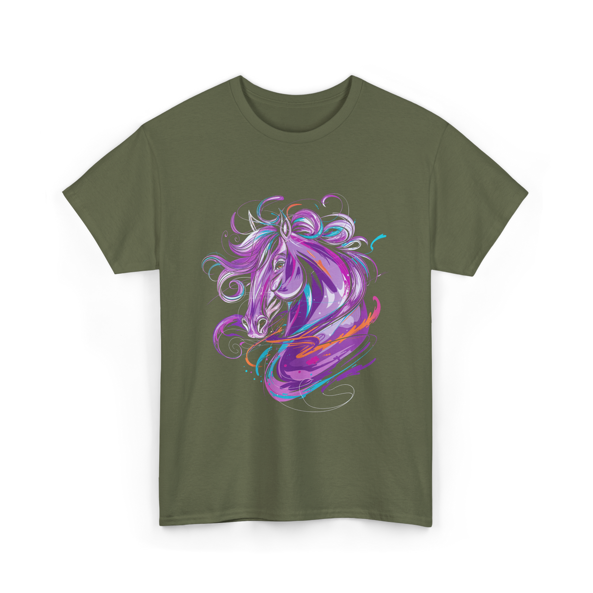 Purple Horse Unicorn Art T-Shirt - Military Green