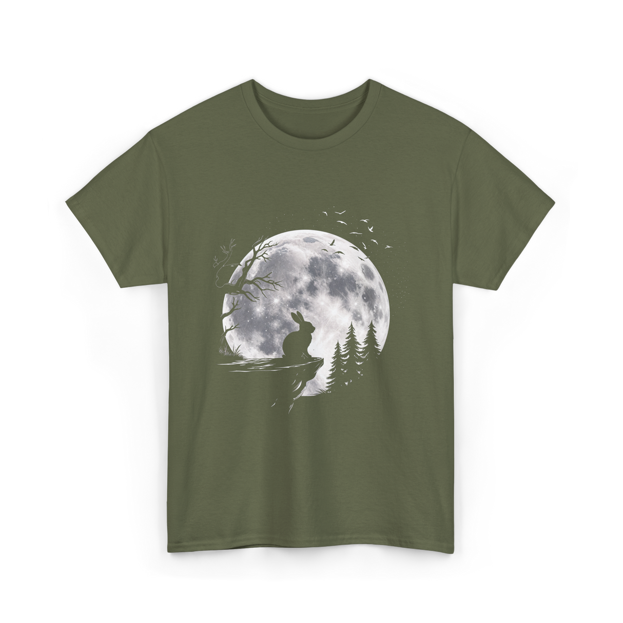 Rabbit Under Full Moon Animal T-Shirt - Military Green