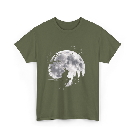 Rabbit Under Full Moon Animal T-Shirt - Military Green