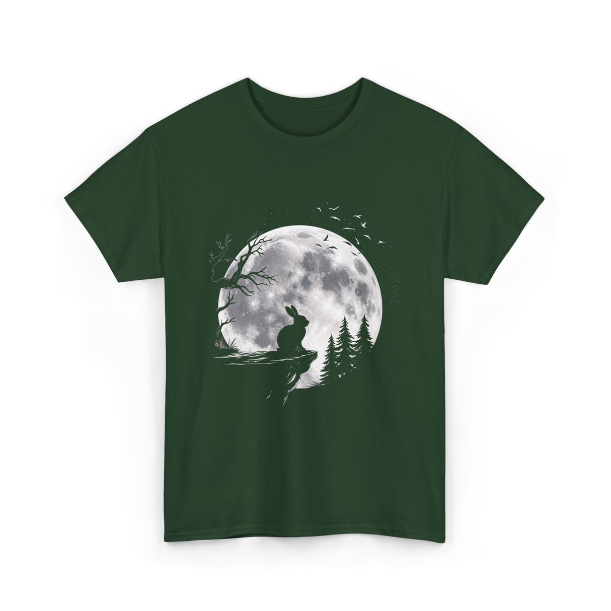 Rabbit Under Full Moon Animal T-Shirt - Forest Green