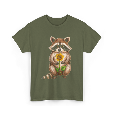 Raccoon Holding Sunflower Raccoons T-Shirt - Military Green