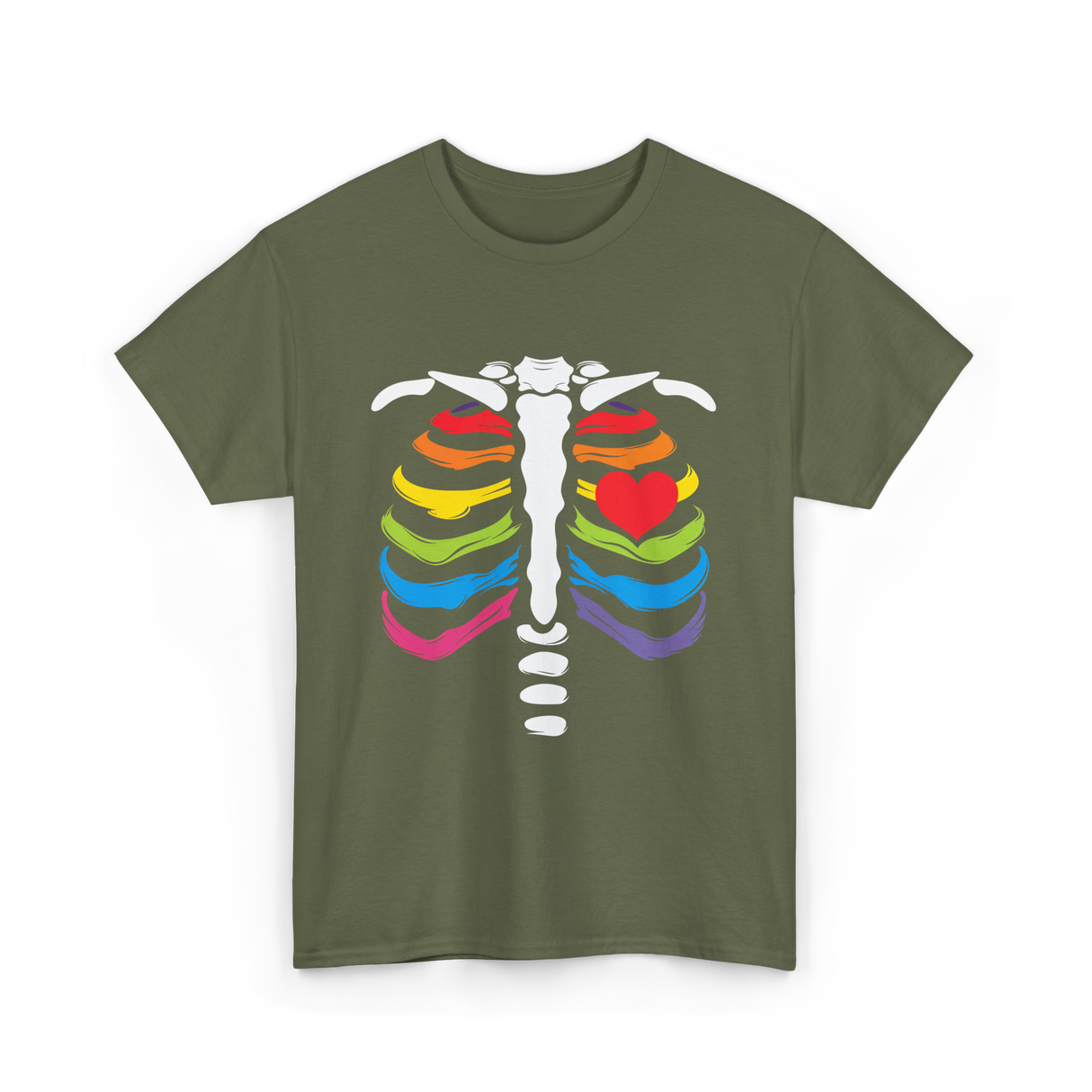 Rainbow Skeleton Heart Pride T-Shirt - Military Green