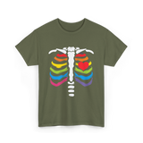 Rainbow Skeleton Heart Pride T-Shirt - Military Green