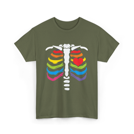 Rainbow Skeleton Heart Pride T-Shirt - Military Green