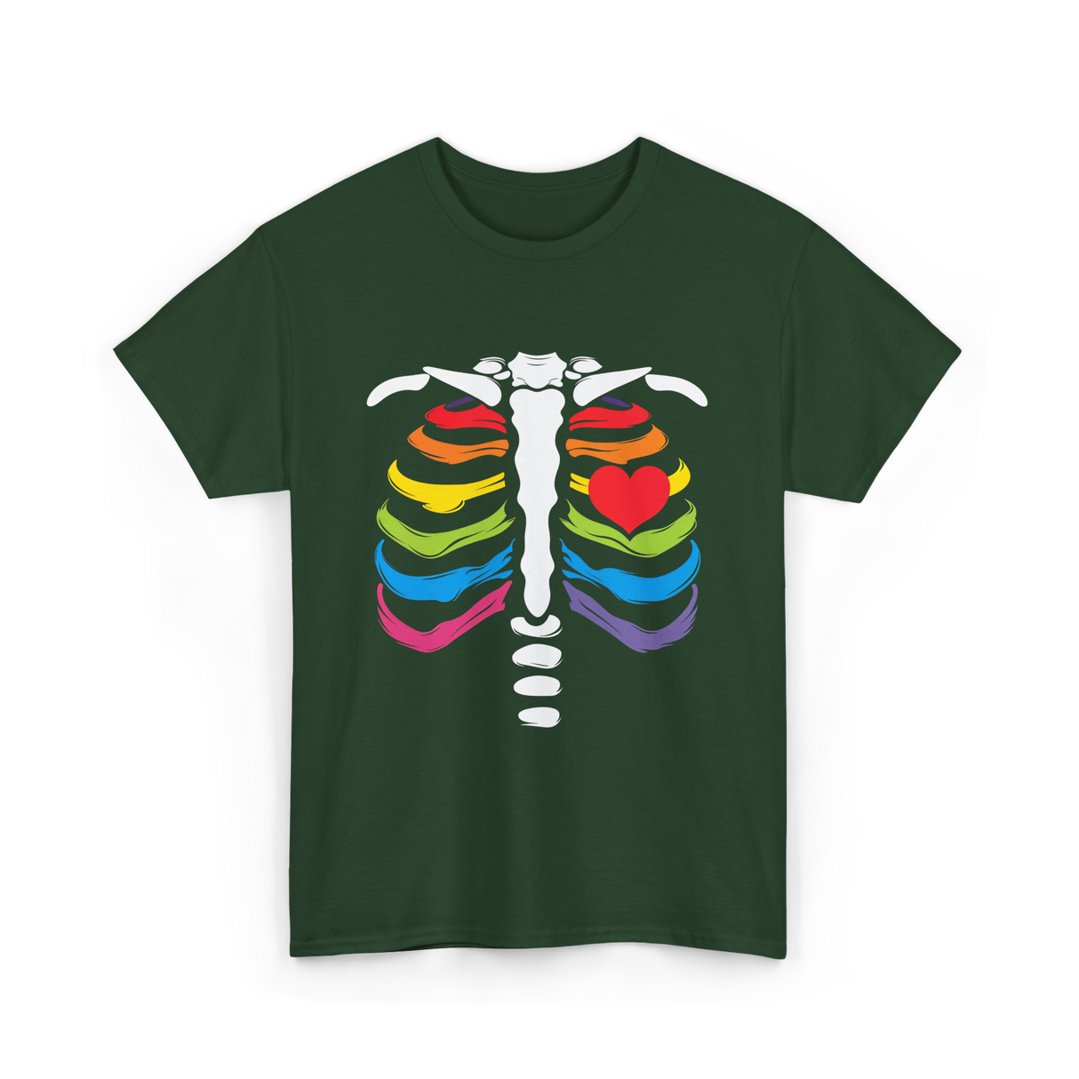 Rainbow Skeleton Heart Pride T-Shirt - Forest Green