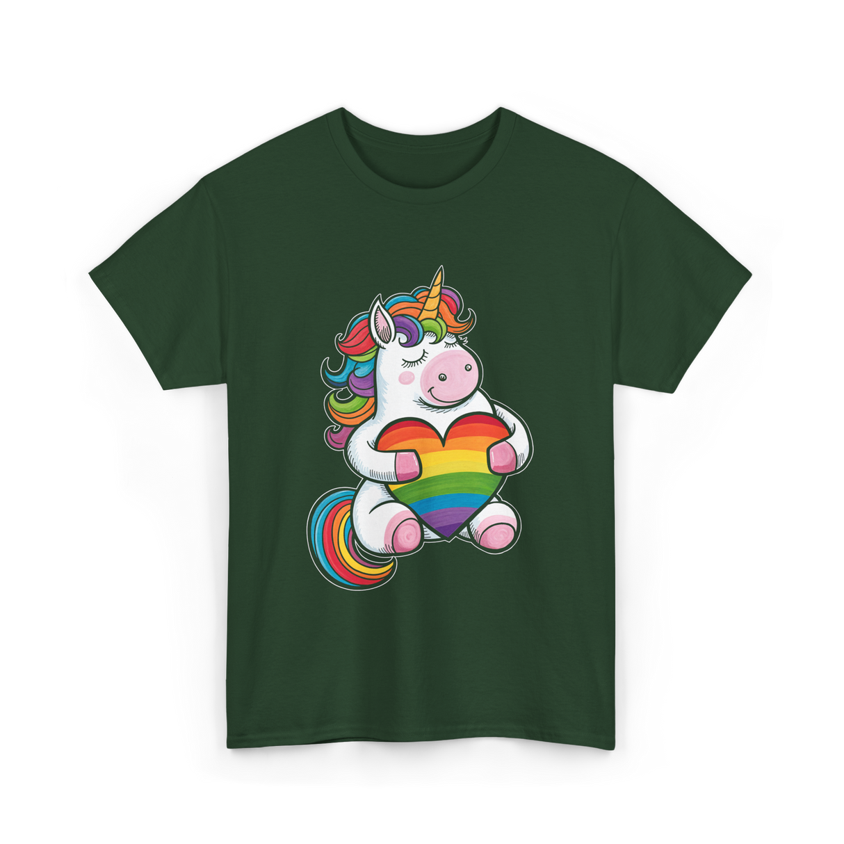 Rainbow Unicorn Heart Pride T-Shirt - Forest Green