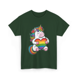 Rainbow Unicorn Heart Pride T-Shirt - Forest Green