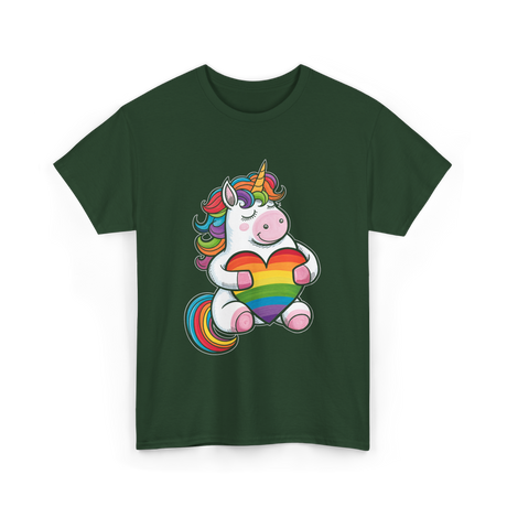 Rainbow Unicorn Heart Pride T-Shirt - Forest Green