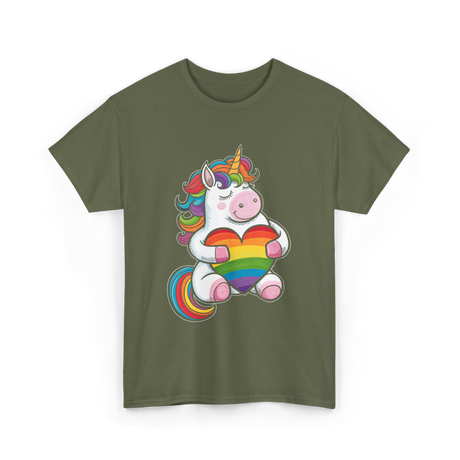 Rainbow Unicorn Heart Pride T-Shirt - Military Green