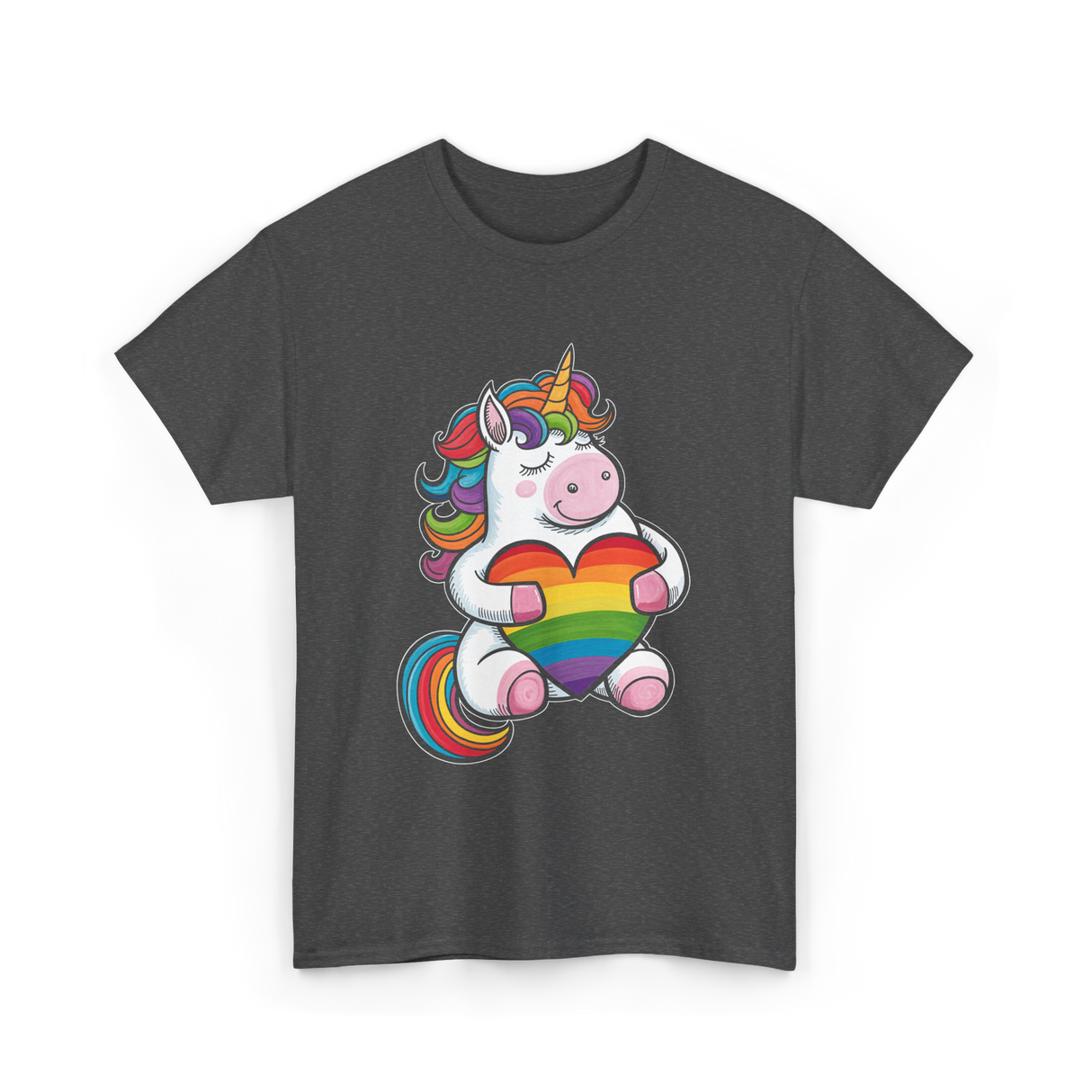 Rainbow Unicorn Heart Pride T-Shirt - Dark Heather