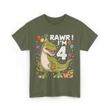 Rawr I'm 4 Dinosaur Birthday Party T-Shirt - Military Green