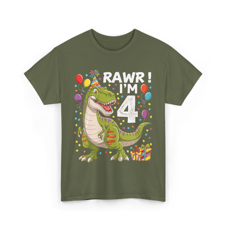 Rawr I'm 4 Dinosaur Birthday Party T-Shirt - Military Green