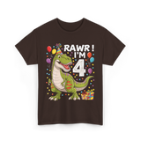 Rawr I'm 4 Dinosaur Birthday Party T-Shirt - Dark Chocolate