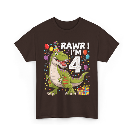 Rawr I'm 4 Dinosaur Birthday Party T-Shirt - Dark Chocolate