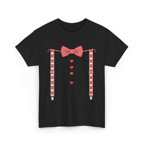 Red Hearts Bow Tie Suspenders Costume T-Shirt - Black