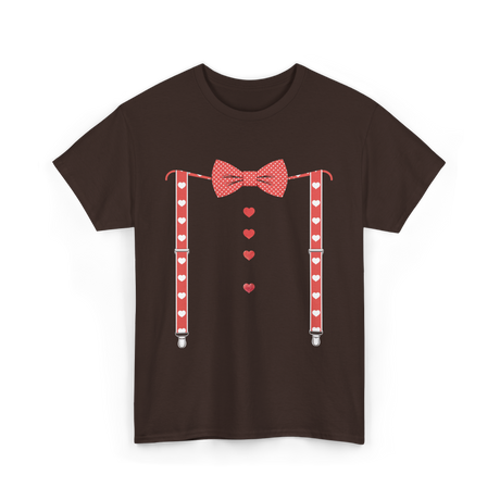 Red Hearts Bow Tie Suspenders Costume T-Shirt - Dark Chocolate