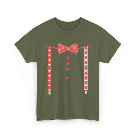 Red Hearts Bow Tie Suspenders Costume T-Shirt - Military Green