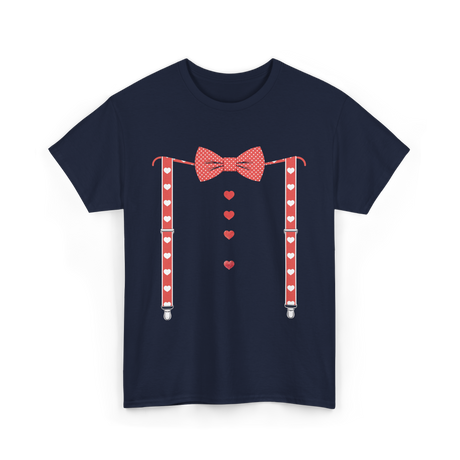 Red Hearts Bow Tie Suspenders Costume T-Shirt - Navy