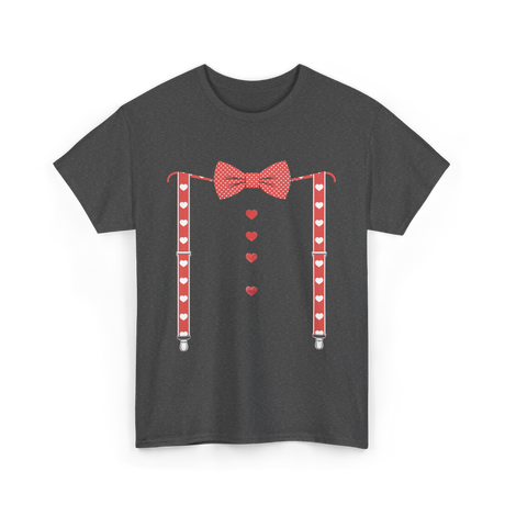 Red Hearts Bow Tie Suspenders Costume T-Shirt - Dark Heather