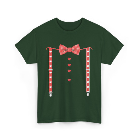 Red Hearts Bow Tie Suspenders Costume T-Shirt - Forest Green