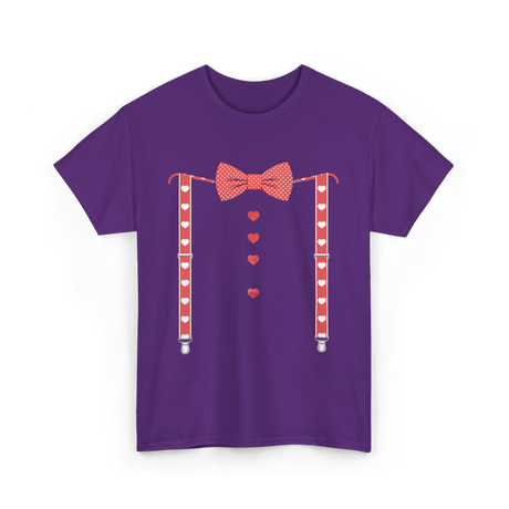 Red Hearts Bow Tie Suspenders Costume T-Shirt - Purple