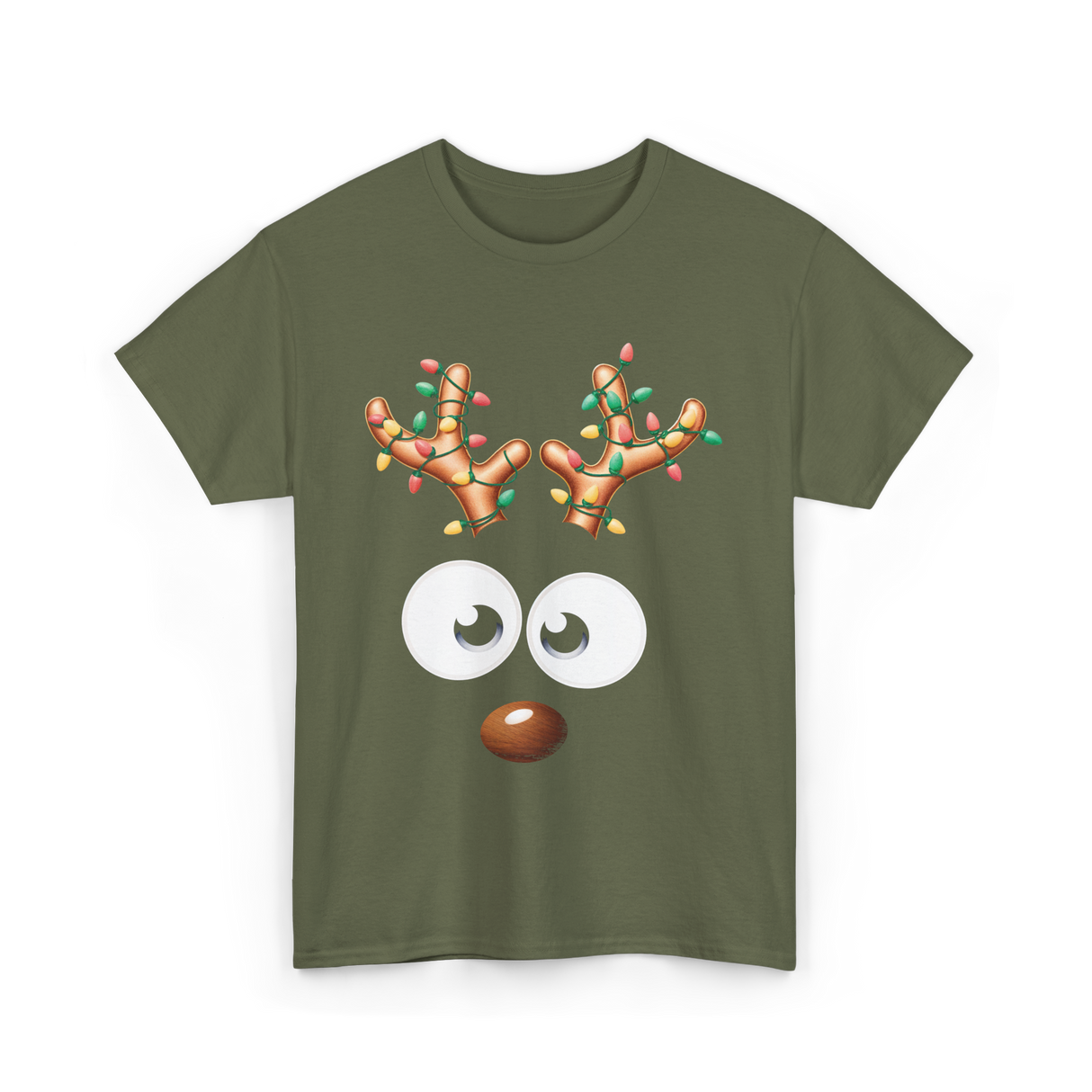 Reindeer Face Christmas Kids T-Shirt - Military Green