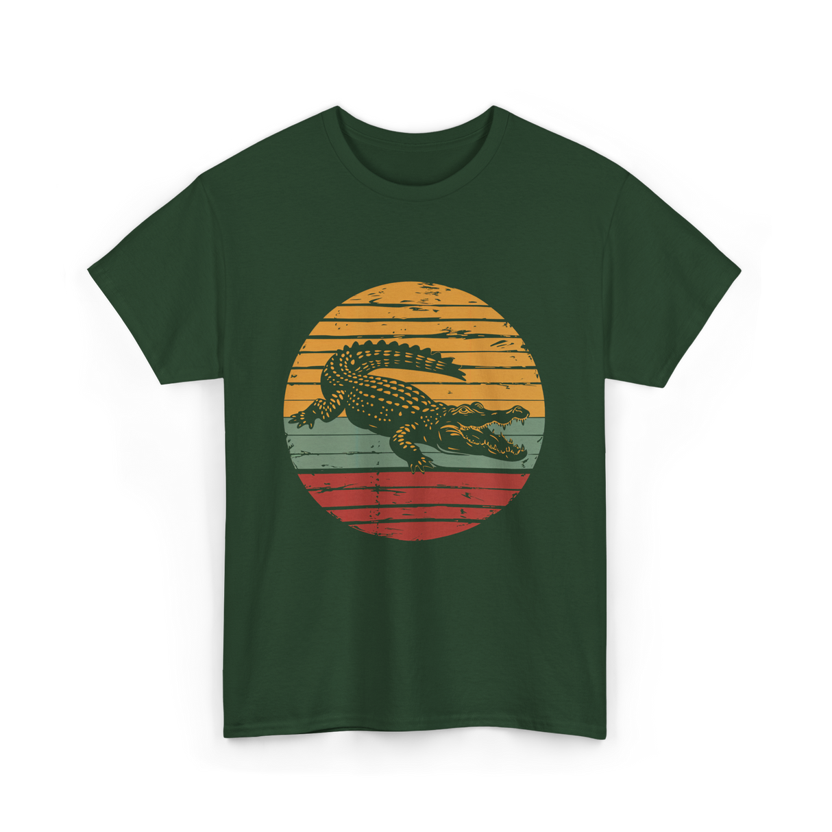 Retro Crocodile Animal Design T-Shirt - Forest Green