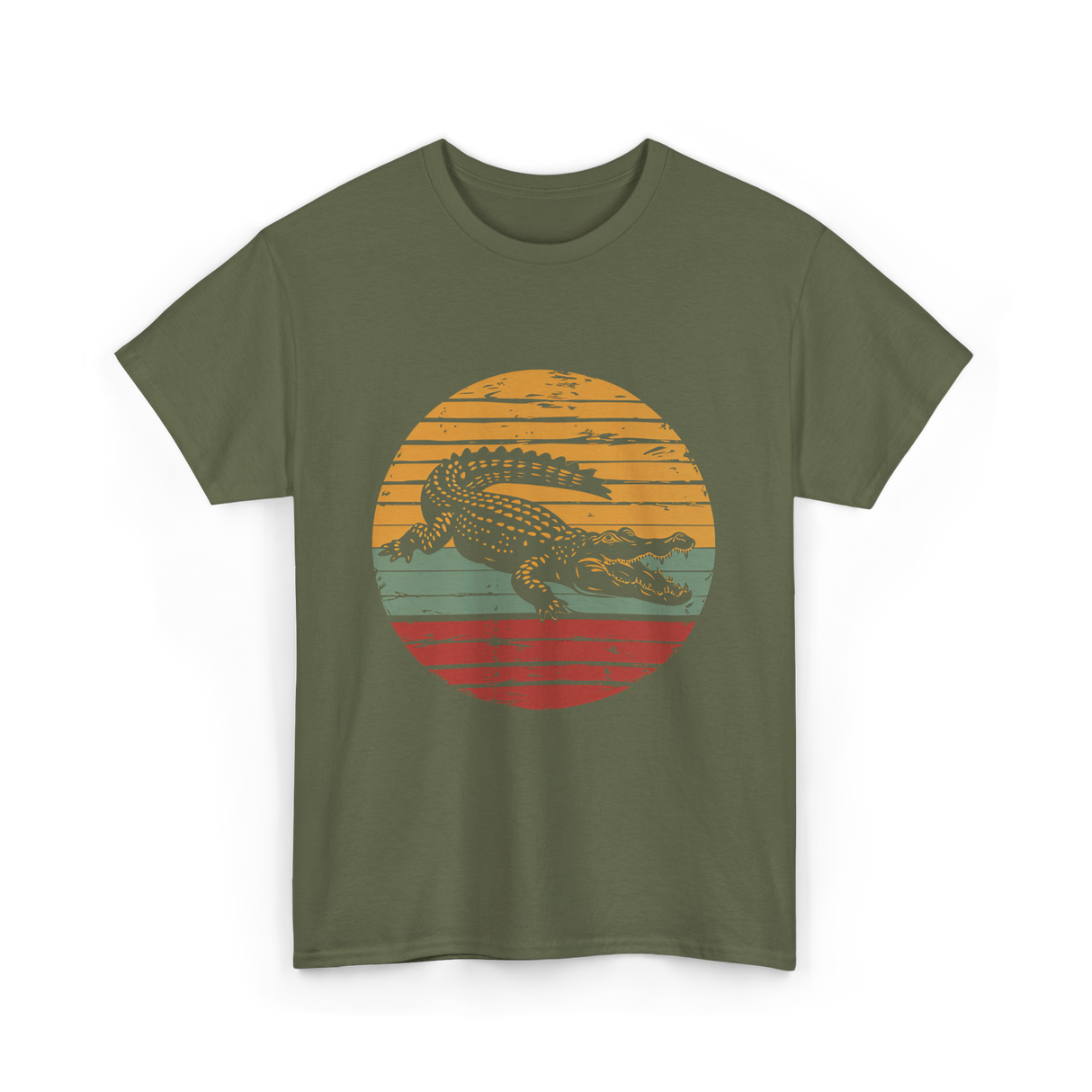 Retro Crocodile Animal Design T-Shirt - Military Green