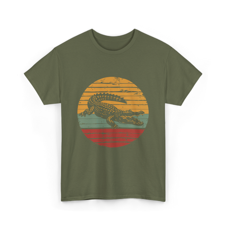 Retro Crocodile Animal Design T-Shirt - Military Green