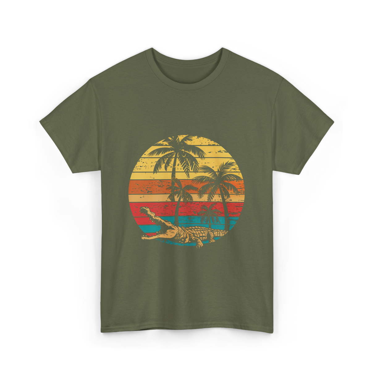 Retro Crocodile Sunset Gator T-Shirt - Military Green