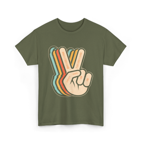 Retro Peace Sign V Fingers T-Shirt - Military Green