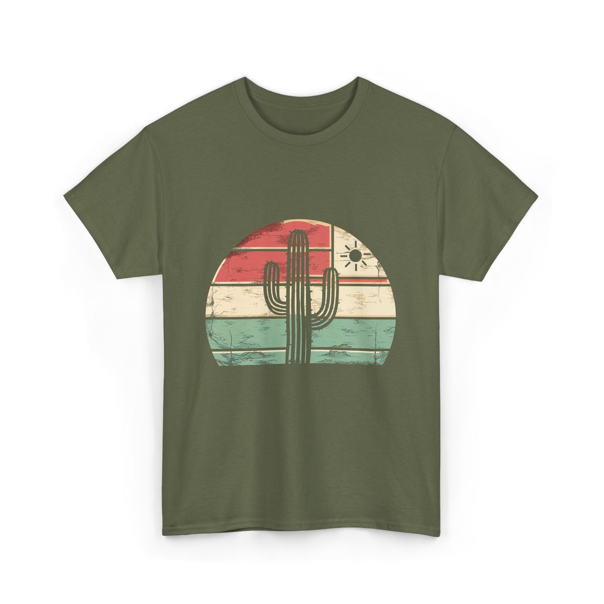 Retro Saguaro Cactus Sunset Cactus T-Shirt - Military Green