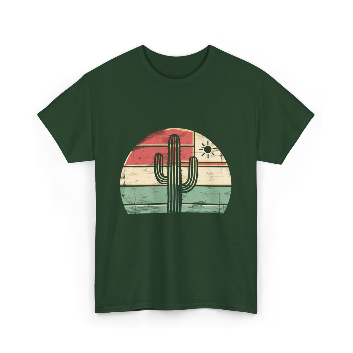 Retro Saguaro Cactus Sunset Cactus T-Shirt - Forest Green