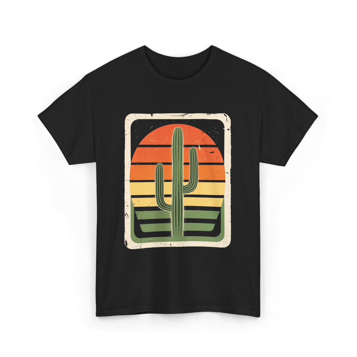 Retro Saguaro Sunset Cactus T-Shirt - Black