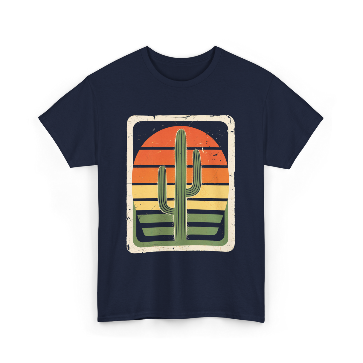 Retro Saguaro Sunset Cactus T-Shirt - Navy