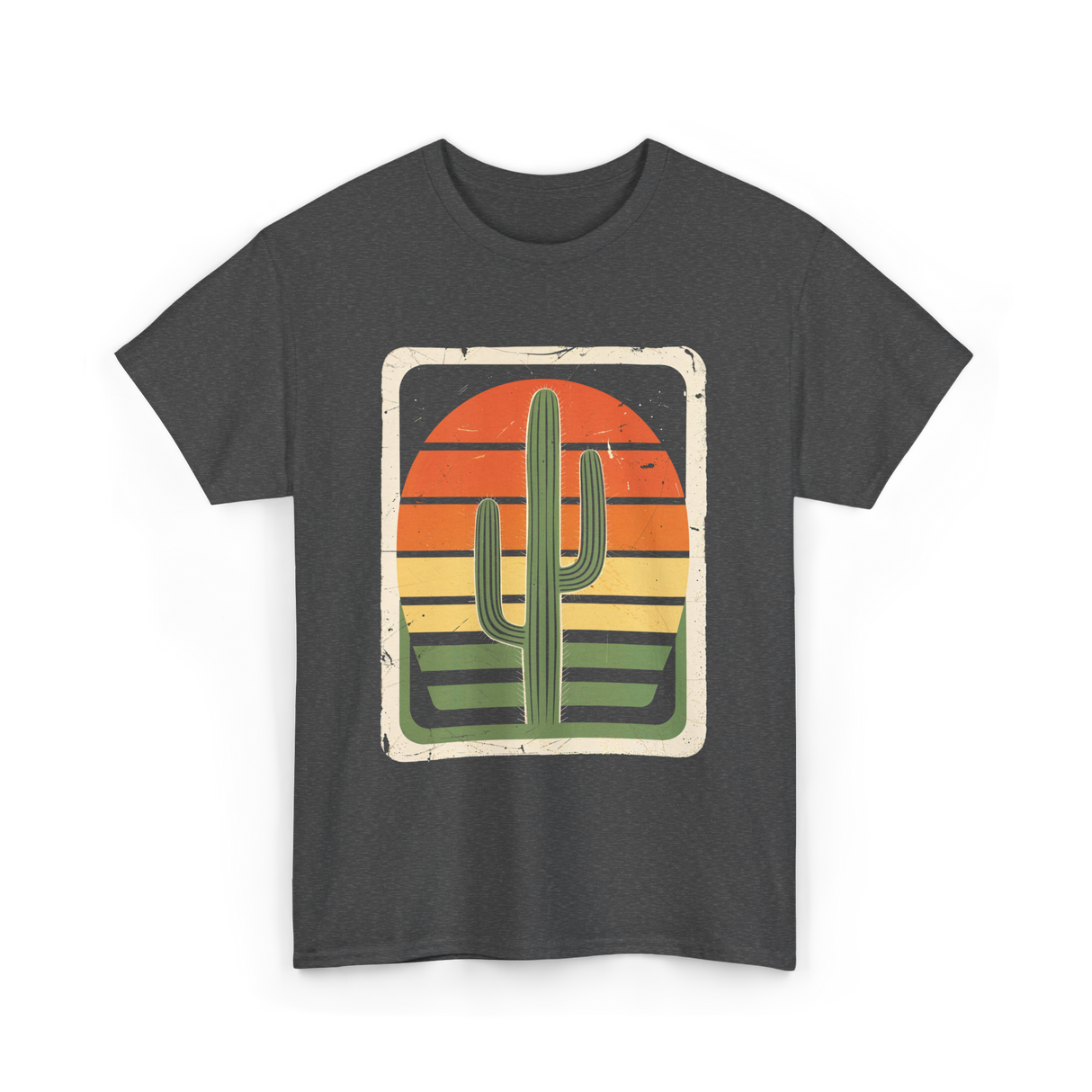 Retro Saguaro Sunset Cactus T-Shirt - Dark Heather