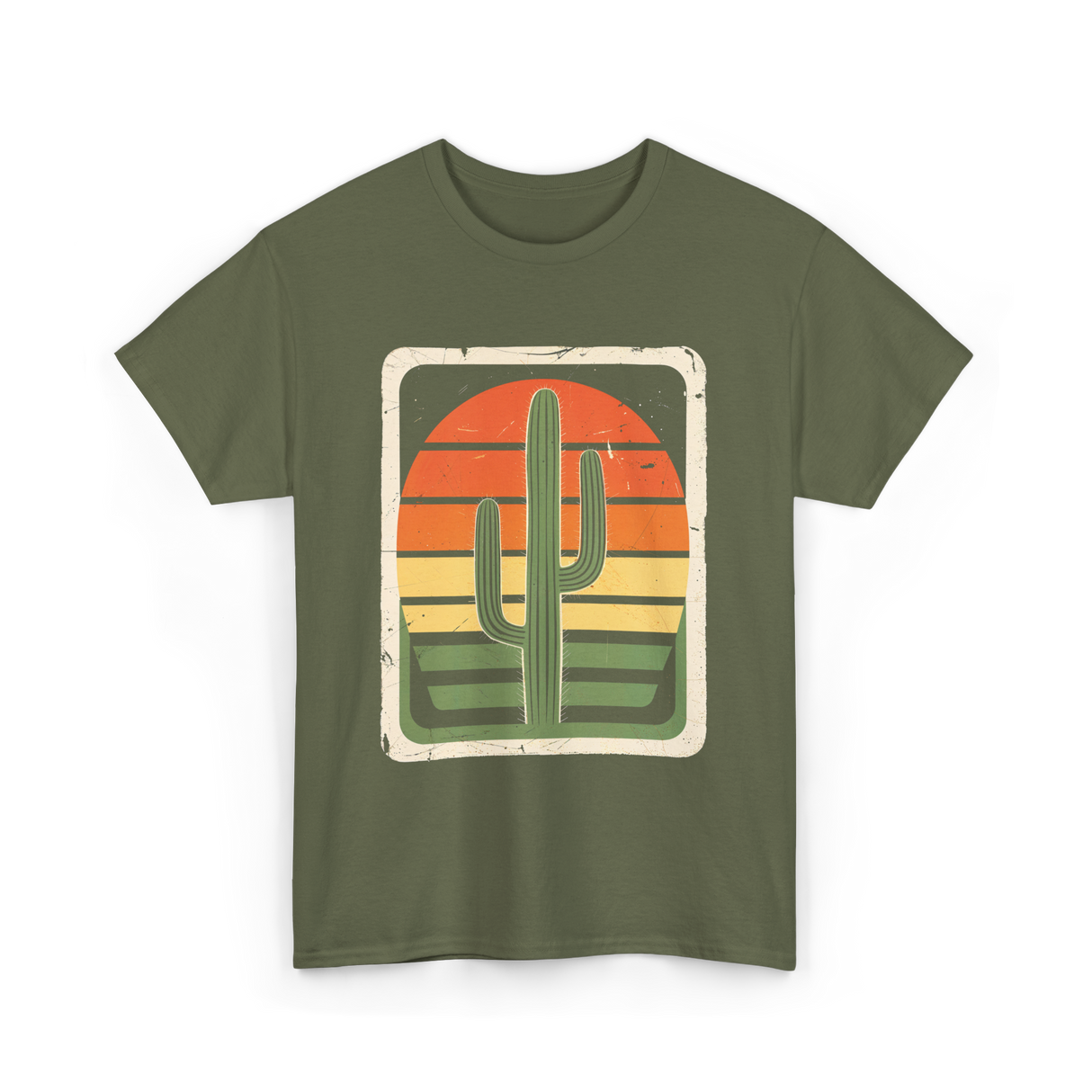 Retro Saguaro Sunset Cactus T-Shirt - Military Green