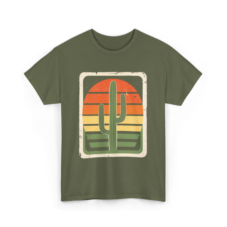 Retro Saguaro Sunset Cactus T-Shirt - Military Green