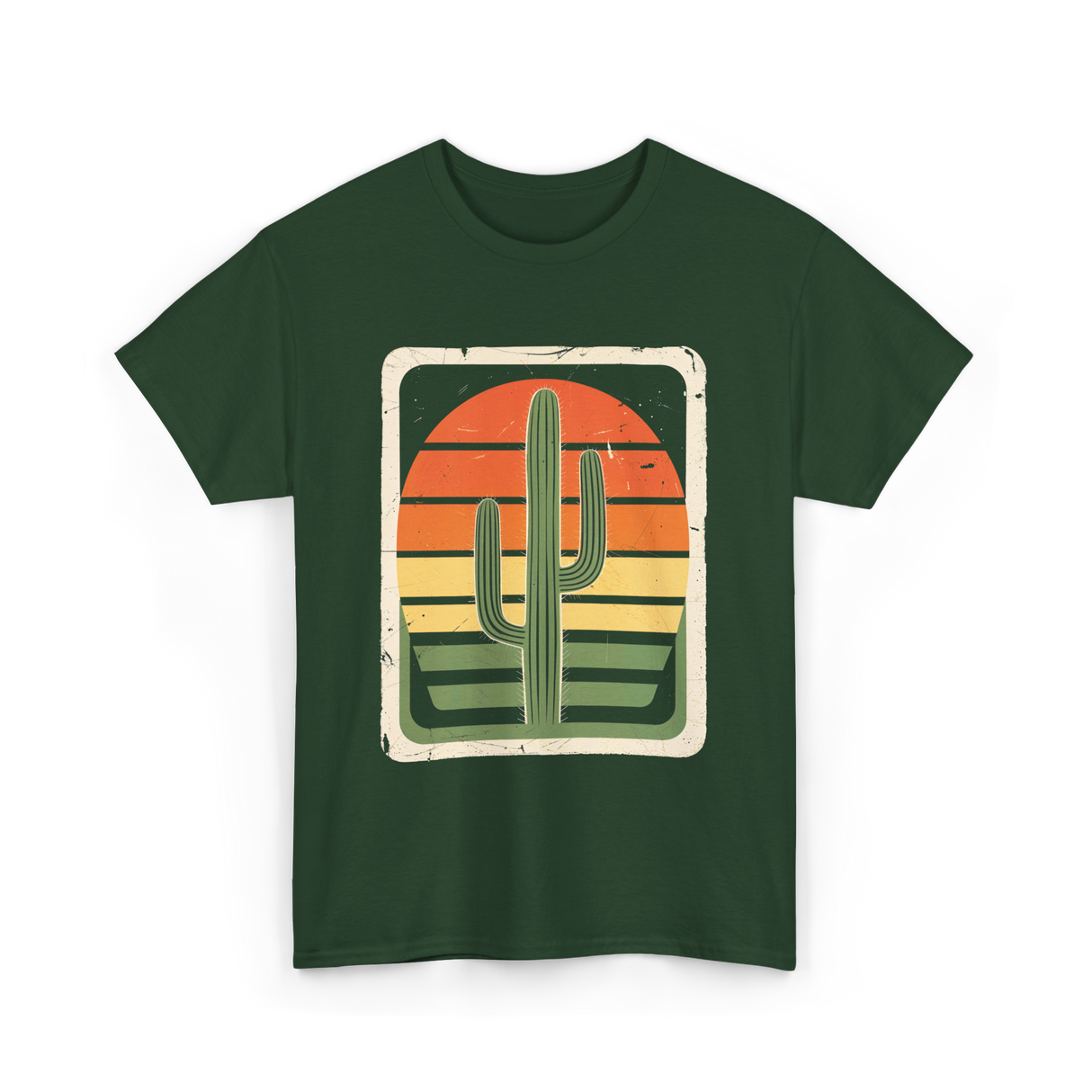 Retro Saguaro Sunset Cactus T-Shirt - Forest Green