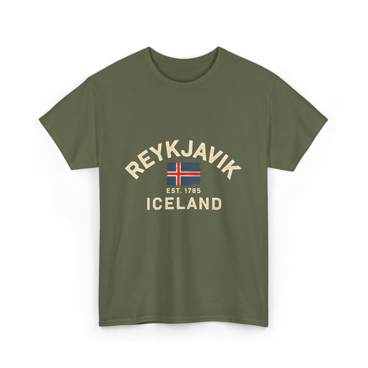 Reykjavik Iceland History Flag T-Shirt - Military Green