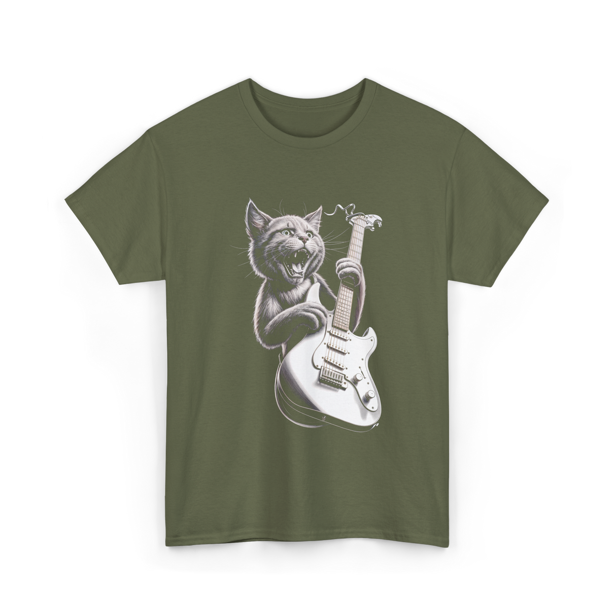 Rock Cat Playing Guitar Cat T-Shirt - Military Green