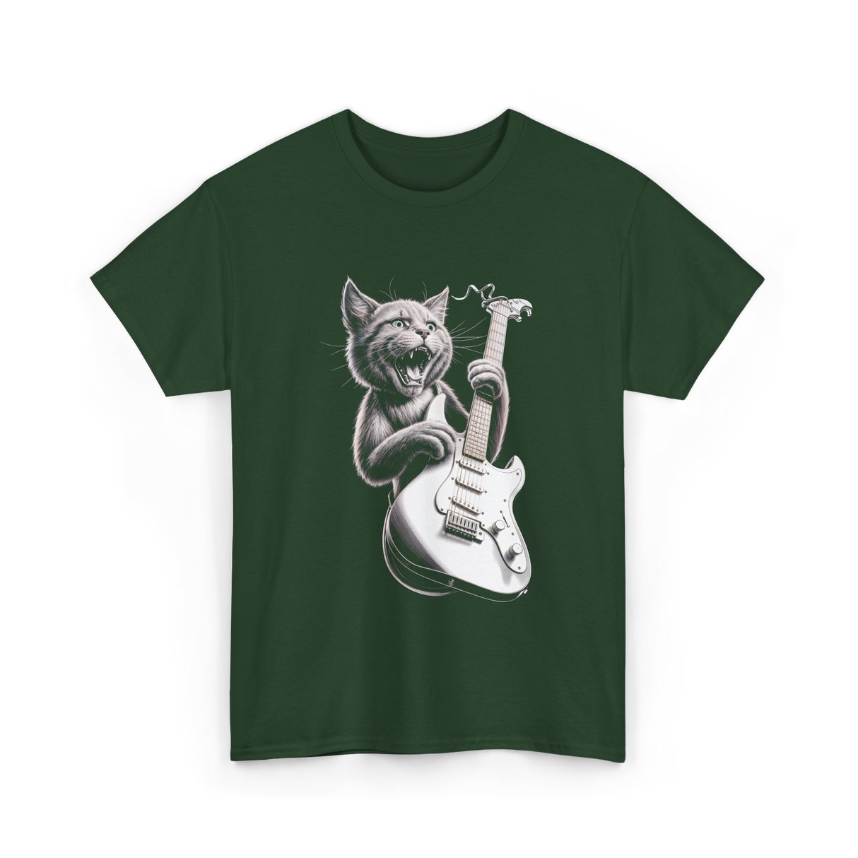 Rock Cat Playing Guitar Cat T-Shirt - Forest Green