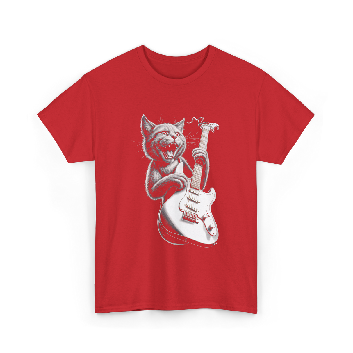 Rock Cat Playing Guitar Cat T-Shirt - Red