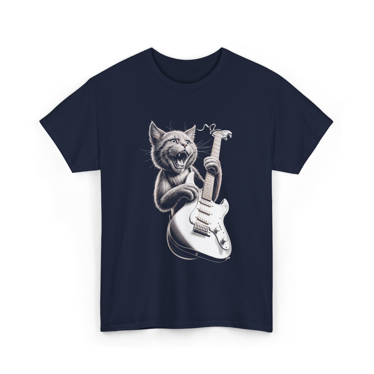 Rock Cat Playing Guitar Cat T-Shirt - Navy