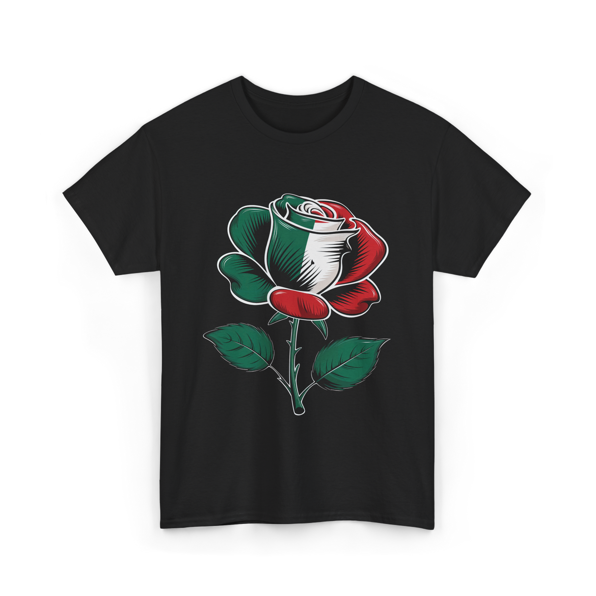 Rose Italian Green Red Flower T-Shirt - Black