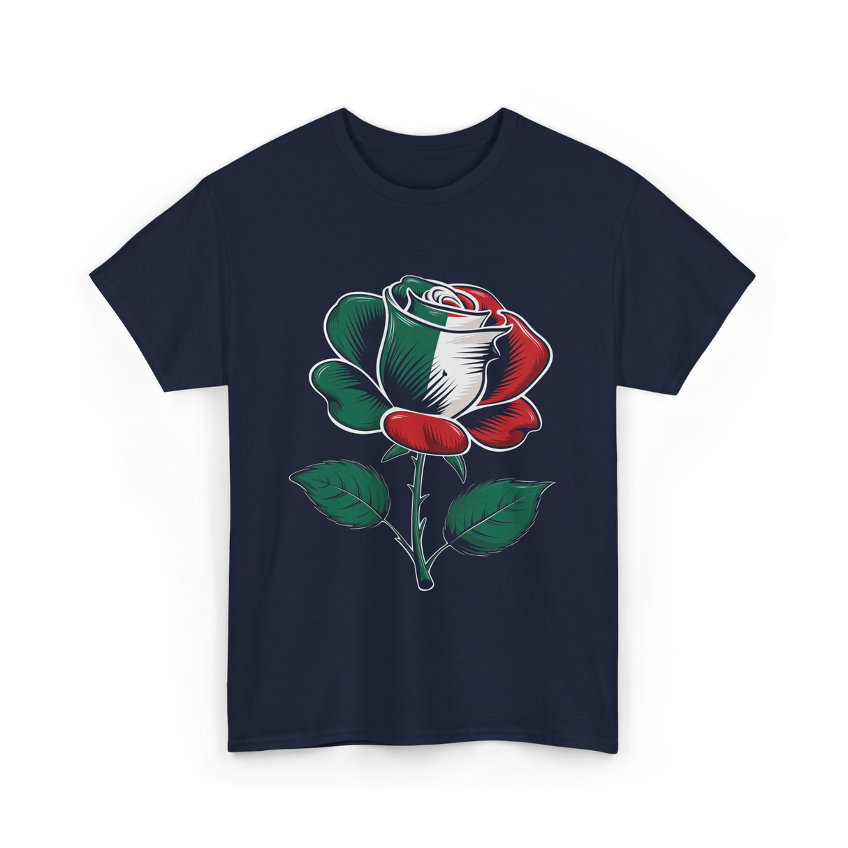 Rose Italian Green Red Flower T-Shirt - Navy